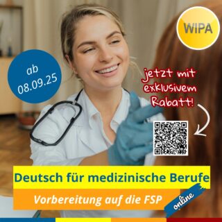 📣 SICHER DIR JETZT DEINEN PLATZ – MIT SONDERPREIS! 🩺📝
Du willst die Fachsprachprüfung (FSP) bestehen und endlich als Arzt7Ärztin in Deutschland arbeiten?
Dann ist unser intensiver Vorbereitungskurs genau das Richtige für dich!

✨ JETZT nur 1719,- € statt 2019,- €!
🎯 Praxisnah – zielgerichtet – C1-Medizin
👩‍⚕️ Für internationale Ärztinnen und Ärzte mit Approbationsziel
📍 Online

💬 Buche den Kurs direkt in unserem Online-Shop – die Plätze sind begrenzt!

 #deutschfürmedizin #deutschfürmediziner #fsp #fachsprachprüfung #fachsprachprüfungmedizin #fachsprachprüfungtraining #fachsprachprüfungpflege #germanfordoctors #GermanforDoctors #germanformedicine