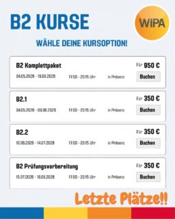 🚀 B2 Deutschkurs in Berlin – Jetzt durchstarten! 🇩🇪

Du willst dein Deutsch verbessern, dein Sprachniveau auf B2 bringen oder dich gezielt auf die telc B2 Prüfung vorbereiten? Dann ist jetzt der perfekte Moment!

📚 Unsere B2 Deutschkurse bieten dir:
✔️ Intensives Deutschlernen auf B2-Niveau
✔️ Strukturierte Deutschkurse in Präsenz
✔️ Effektive Prüfungsvorbereitung (telc B2)
✔️ Praxisnahes Training für Sprechen, Schreiben, Hören & Lesen

💡 Wähle flexibel:
👉 B2 Komplettpaket (alle Module + Prüfungsvorbereitung)
👉 Einzelkurse: B2.1 | B2.2 | Prüfungsvorbereitung

🎯 Perfekt für alle, die:

* ihr Deutsch auf fortgeschrittenem Niveau (B2) verbessern wollen
* einen Deutsch Intensivkurs suchen
* sich gezielt auf eine Deutschprüfung / telc-Prüfung vorbereiten
* ihre Chancen im Job oder Studium erhöhen möchten

🏆 WIPA Berlin ist zertifiziertes Prüfungszentrum
👉 Nach dem Kurs lege deine telc-Prüfung direkt bei uns ab – alles an einem Ort (Prüfungstermin nach dem Kurs separat kaufen).

📍 Ort: Möllendorffstraße 48, 10367 Berlin

⚡ Letzte Plätze verfügbar!
➡️ Reserviere jetzt deinen Platz im Online-Shop – Link in Bio

#Deutschkurs #Deutschlernen #DeutschB2 #B2Deutsch #DeutschInBerlin #DeutschschuleBerlin #DeutschlernenBerlin #telcB2 #telcPrüfung #Deutschprüfung #Deutschlernenonline #DeutschIntensivkurs #DeutschfürBeruf #DeutschalsFremdsprache #DaF #SprachkursBerlin #Deutschlernenleicht #LearnGerman #GermanCourse #GermanB2