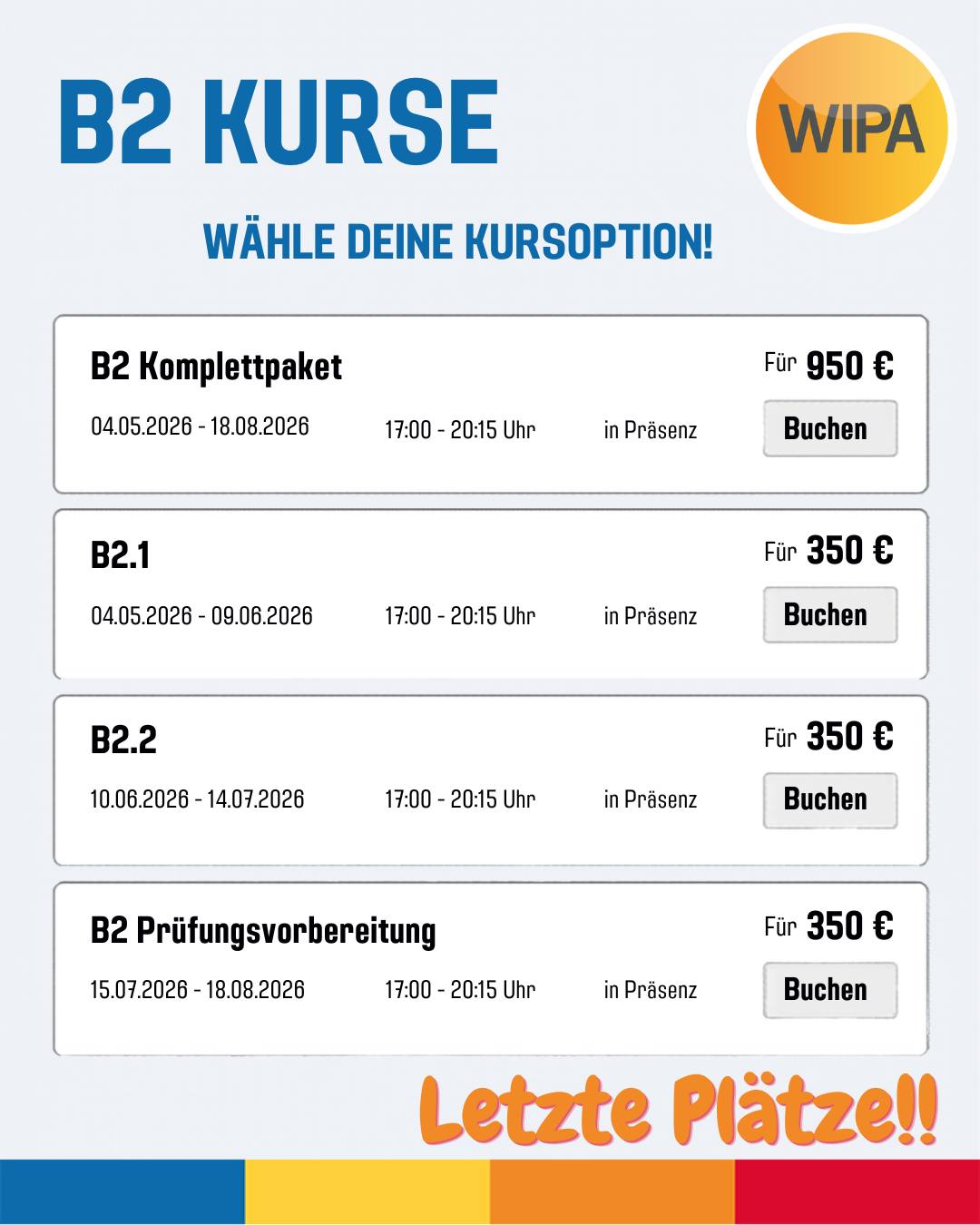 🚀 B2 Deutschkurs in Berlin – Jetzt durchstarten! 🇩🇪

Du willst dein Deutsch verbessern, dein Sprachniveau auf B2 bringen oder dich gezielt auf die telc B2 Prüfung vorbereiten? Dann ist jetzt der perfekte Moment!

📚 Unsere B2 Deutschkurse bieten dir:
✔️ Intensives Deutschlernen auf B2-Niveau
✔️ Strukturierte Deutschkurse in Präsenz
✔️ Effektive Prüfungsvorbereitung (telc B2)
✔️ Praxisnahes Training für Sprechen, Schreiben, Hören & Lesen

💡 Wähle flexibel:
👉 B2 Komplettpaket (alle Module + Prüfungsvorbereitung)
👉 Einzelkurse: B2.1 | B2.2 | Prüfungsvorbereitung

🎯 Perfekt für alle, die:

* ihr Deutsch auf fortgeschrittenem Niveau (B2) verbessern wollen
* einen Deutsch Intensivkurs suchen
* sich gezielt auf eine Deutschprüfung / telc-Prüfung vorbereiten
* ihre Chancen im Job oder Studium erhöhen möchten

🏆 WIPA Berlin ist zertifiziertes Prüfungszentrum
👉 Nach dem Kurs lege deine telc-Prüfung direkt bei uns ab – alles an einem Ort (Prüfungstermin nach dem Kurs separat kaufen).

📍 Ort: Möllendorffstraße 48, 10367 Berlin

⚡ Letzte Plätze verfügbar!
➡️ Reserviere jetzt deinen Platz im Online-Shop – Link in Bio

#Deutschkurs #Deutschlernen #DeutschB2 #B2Deutsch #DeutschInBerlin #DeutschschuleBerlin #DeutschlernenBerlin #telcB2 #telcPrüfung #Deutschprüfung #Deutschlernenonline #DeutschIntensivkurs #DeutschfürBeruf #DeutschalsFremdsprache #DaF #SprachkursBerlin #Deutschlernenleicht #LearnGerman #GermanCourse #GermanB2