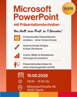 🚀 Von Null zum PowerPoint-Profi in nur 7 Stunden!

Du möchtest endlich professionelle Microsoft PowerPoint Präsentationen erstellen, die modern, überzeugend und visuell ansprechend sind? Dann ist unsere intensive PowerPoint Tagesschulung mit Präsentationstechniken genau das Richtige für dich!

Dieses praxisnahe PowerPoint Seminar im interaktiven Workshop-Format zeigt dir Schritt für Schritt, wie du professionelle Präsentationen erstellst – auch ohne Vorkenntnisse. In dieser modernen Fortbildung lernst du effektive Präsentationstechniken, überzeugendes Storytelling und den professionellen Einsatz von Layout, Farben, Animationen, Bildern, Diagrammen und Datenvisualisierung.

📌 Inhalte des Workshops & der Fortbildung:
✔ Professionelle PowerPoint Präsentationen erstellen
✔ Microsoft PowerPoint sicher anwenden
✔ Präsentationsdesign & Visual Design verbessern
✔ Präsentationstechniken für Business & Beruf
✔ Storytelling für überzeugende Präsentationen
✔ Charts, Grafiken & Animationen einsetzen
✔ Strukturierte Folien & klare Kommunikation
✔ Selbstbewusst präsentieren & auftreten
✔ Business-Präsentationen professionell gestalten
✔ Praxisnahe Übungen & individuelle Tipps

Diese Tagesschulung eignet sich ideal für Berufstätige, Unternehmen, Selbstständige, Studierende und alle, die ihre Präsentationsfähigkeiten, Soft Skills und Business Skills verbessern möchten.

📅 10.06.2026
⏰ 08:30 – 15:30 Uhr

📍 WIPA GmbH
Möllendorffstraße 48
10367, Berlin
2. Etage, Raum 201

📞 030 557414-24
📧 amdl@wipa-berlin.de

oder

📞 030 557414-0
📧 info@wipa-berlin.de

🔥 Nie wieder langweilige Folien!
Lerne, wie du mit Microsoft PowerPoint starke Präsentationen entwickelst, die im Gedächtnis bleiben und dein Publikum überzeugen.

#PowerPoint #MicrosoftPowerPoint #Präsentationstechniken #PowerPointSeminar #Präsentationstraining