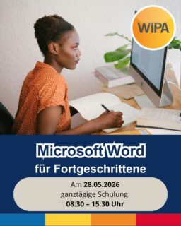 📄💼 Bringe deine Microsoft-Word-Kenntnisse auf das nächste Level!

Du beherrschst die Grundlagen von Word und möchtest professioneller, schneller und effizienter arbeiten? Dann ist unser Tageskurs Word für Fortgeschrittene genau das Richtige für dich! 🚀

📅 28.05.2026
⏰ 08:30 — 15:30 Uhr
📍 WIPA GmbH, Möllendorffstraße 48, 10367 Berlin

In diesem praxisorientierten Kurs vertiefst du deine Kenntnisse in moderner Textbearbeitung und lernst fortgeschrittene Funktionen kennen, die im Berufsalltag immer wichtiger werden. 💻

✔ Professionelle Dokumente und Vorlagen erstellen
✔ Erweiterte Formatierungen und Layouts nutzen
✔ Tabellen, Inhaltsverzeichnisse und Designs effizient einsetzen
✔ Serienbriefe und automatische Funktionen anwenden
✔ Dokumente strukturiert bearbeiten und optimieren
✔ Produktiver und schneller mit Microsoft Word arbeiten
✔ Digitale Kompetenzen für Büro, Verwaltung und Unternehmen stärken

Fortgeschrittene Kenntnisse in Microsoft Word und MS Office sind ein echter Vorteil auf dem heutigen Arbeitsmarkt. Wer sicher mit professioneller Textbearbeitung, Dokumentenmanagement und Office Skills umgehen kann, verbessert seine Karrierechancen in Büroarbeit, Verwaltung, Kundenservice und vielen weiteren Berufsfeldern. Unser EDV-Kurs unterstützt dich dabei, deine berufliche Qualifikation auszubauen, effizienter zu arbeiten und dich optimal auf die Anforderungen der modernen Arbeitswelt in Deutschland vorzubereiten. 🌍📈

📲 Buche noch heute deinen Tageskurs in unserem Online-Shop! Link in Bio.

#WIPABerlin #MicrosoftWord #WordFortgeschrittene #MSOffice #OfficeSkills #Weiterbildung #Arbeitsmarkt #Büroarbeit #DigitaleKompetenzen #Berlin #Karriere #Textbearbeitung #WordKurs #EDVKurs #BeruflicheWeiterbildung
