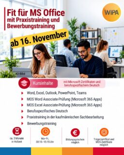 💻 Fit für MS Office – mit Praxis- und Bewerbungstraining in Berlin!
Sie möchten Ihre Chancen auf dem Arbeitsmarkt verbessern, sich auf einen Bürojob vorbereiten oder Ihre digitalen und kaufmännischen Kenntnisse erweitern? Dann ist unsere MS Office Weiterbildung in Berlin-Lichtenberg genau das Richtige für Sie.
Im Kurs „Fit für MS Office“ lernen Sie nicht nur die wichtigsten Microsoft-Programme kennen, sondern wenden Ihr Wissen direkt in einer kaufmännischen Übungsfirma an. So verbinden Sie Theorie, Praxis und gezielte Vorbereitung auf den Beruf.
✅ Das erwartet Sie:
• Microsoft Word, Excel, Outlook, PowerPoint und Teams
• Vorbereitung auf die Microsoft Office Specialist (MOS) Prüfungen in Word und Excel
• Praxistraining in der kaufmännischen Sachbearbeitung
• Bewerbungstraining für Ihren beruflichen Neustart
• berufsspezifisches Deutsch für Büro, Kundenkontakt und Zusammenarbeit
• praktische Übungen für typische Aufgaben im Büro und in der Verwaltung
🎯 Ihr Ziel: Microsoft Office sicher anwenden, praktische Berufserfahrung sammeln, Ihre Deutschkenntnisse für den Arbeitsplatz verbessern und gut vorbereitet in einen neuen kaufmännischen Beruf starten.
Für die Teilnahme benötigen Sie keine fachspezifischen Vorkenntnisse oder Berufserfahrung. Grundlegende PC-Kenntnisse und Deutschkenntnisse auf B2-Niveau sind ausreichend.
📍 WIPA GmbH
Möllendorffstraße 48,
10367 Berlin
2. Etage, Raum 201
📞 030 557414 24
📧 amdl@wipa-berlin.de
👉 Jetzt informieren, Beratungstermin vereinbaren und zeitnah starten!
#MSOffice #MSOfficeKurs #MicrosoftOffice #Microsoft365 #Weiterbildung #BerlinLichtenberg #BüroWeiterbildung #KaufmännischeWeiterbildung #Bürojob