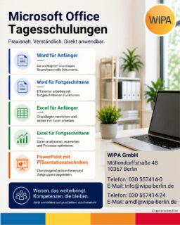 🚀 Microsoft Office Weiterbildung in Berlin: praxisnahe Tagesschulungen für Microsoft Word, Microsoft Excel und Microsoft PowerPoint – ideal für Anfänger und Fortgeschrittene! In unseren Seminaren, Workshops und Fortbildungen lernst du den professionellen Umgang mit Microsoft Office, effizientes Arbeiten im Büroalltag, modernes Dokumentenmanagement, Tabellenkalkulation mit Excel, überzeugende Präsentationstechniken mit PowerPoint sowie wichtige digitale Kompetenzen und Business Skills für Beruf, Studium und Karriere. Alle Microsoft Office Schulungen sind praxisorientiert, verständlich erklärt und direkt am Computer anwendbar.

📚 Unsere Microsoft Office Schulungen 2026:

📝 Microsoft Word für Anfänger
📅 20.05.2026 | ⏰ 08:30 – 15:30 Uhr

📝 Microsoft Word für Fortgeschrittene
📅 28.05.2026 | ⏰ 08:30 – 15:30 Uhr

📊 Microsoft Excel für Anfänger
📅 03.06.2026 | ⏰ 08:30 – 15:30 Uhr

📊 Microsoft Excel für Fortgeschrittene
📅 10.06.2026 | ⏰ 08:30 – 15:30 Uhr

🎤 Microsoft PowerPoint mit Präsentationstechniken
📅 10.06.2026 | ⏰ 08:30 – 15:30 Uhr

📝 Microsoft Word für Anfänger
📅 17.06.2026 | ⏰ 08:30 – 15:30 Uhr

📝 Microsoft Word für Fortgeschrittene
📅 24.06.2026 | ⏰ 08:30 – 15:30 Uhr

📊 Microsoft Excel für Anfänger
📅 01.07.2026 | ⏰ 08:30 – 15:30 Uhr

📊 Microsoft Excel für Fortgeschrittene
📅 08.07.2026 | ⏰ 08:30 – 15:30 Uhr

📍 WIPA GmbH
Möllendorffstraße 48
10367 Berlin

📞 Telefon: 030 557414-0
📧 E-Mail: info@wipa-berlin.de

oder

📞 Telefon: 030 557414-24
📧 E-Mail: amdl@wipa-berlin.de

🚀 Reserviere deinen Platz in unserem Online-Shop – Link in Bio!