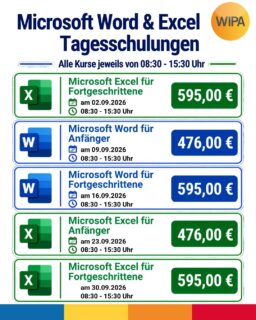 Nur ein Tag – mehr Sicherheit im Büroalltag! 💻✨
Mit unseren Microsoft Office Tagesschulungen in Berlin-Lichtenberg erweitern Sie Ihre Kenntnisse in Word und Excel schnell, praxisnah und direkt anwendbar. Ob Anfänger*in oder Fortgeschrittene*r: In unseren Office-Schulungen lernen Sie wichtige Funktionen, hilfreiche Tipps & Tricks und praktische Anwendungen für Büro, Verwaltung und kaufmännische Tätigkeiten.
📅 Alle Kurse finden von 08:30 bis 15:30 Uhr statt
🟢 Microsoft Excel für Fortgeschrittene
02.09.2026 | 30.09.2026 | 28.10.2026
595,00 €
🔵 Microsoft Word für Anfänger
09.09.2026 | 07.10.2026 | 22.10.2026
476,00 €
🔵 Microsoft Word für Fortgeschrittene
16.09.2026 | 14.10.2026 | 29.10.2026
595,00 €
🟢 Microsoft Excel für Anfänger
23.09.2026 | 21.10.2026
476,00 €
✅ Ihre Vorteile auf einen Blick:
• kompakter Wissenstransfer
• praxisnahe Inhalte
• persönliche Betreuung
• mehr Effizienz und Zeitersparnis im Arbeitsalltag
🎓 Nach der Schulung erhalten Sie ein Teilnehmerzertifikat.
🏅 Zusätzlich buchbar: Microsoft Office Specialist (MOS) Zertifizierungen
• MO-110 Word Associate – 150,00 €
• MO-210 Excel Associate – 150,00 €
• MO-211 Excel Expert – 150,00 €
• MO-111 Word Expert – 150,00 €
Die Microsoft-Zertifizierung ist jederzeit individuell buchbar und ein wertvoller Nachweis Ihrer digitalen Kompetenzen.
📍 Ort der Schulung:
WIPA Berlin – Standort Lichtenberg
Möllendorffstraße 48
10367 Berlin
📞 030 557414-0
✉️ info@wipa-berlin.de
👉 Jetzt auf www.wipa.berlin unter Kaufmännische Weiterbildung Ihre passende Word-Schulung, Excel-Schulung oder Microsoft Office Weiterbildung auswählen und direkt buchen!
#MicrosoftOffice #MicrosoftWord #MicrosoftExcel #WordSchulung #ExcelSchulung #OfficeSchulung
