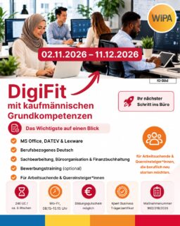 💻 DigiFit mit kaufmännischen Grundkompetenzen – dein Einstieg in Büro, Verwaltung und kaufmännische Berufe!
Du möchtest beruflich neu starten, dich auf eine Ausbildung, Umschulung oder Weiterbildung im kaufmännischen Bereich vorbereiten oder deine Chancen auf dem Arbeitsmarkt verbessern? Dann ist DigiFit bei WIPA Berlin der passende Vorbereitungskurs für dich.
In nur ca. 6 Wochen lernst du wichtige Grundlagen für moderne Büroberufe:
📌 Büroorganisation und kaufmännische Sachbearbeitung
📌 digitale Kompetenzen und PC-Kenntnisse für den Büroalltag
📌 kaufmännisches Grundwissen wie Prozentrechnung, Dreisatz und Handelskalkulation
📌 berufsspezifisches Deutsch für Büro und Verwaltung
📌 E-Mails, Geschäftsbriefe, Anfragen, Angebote, Bestellungen, Rechnungen und Reklamationen
📌 Kommunikation und typische Gespräche im Berufsalltag
Der Kurs eignet sich besonders für Arbeitsuchende, Quereinsteigerinnen und Berufseinsteigerinnen, die Tätigkeiten im Büro, in der Verwaltung oder im kaufmännischen Bereich kennenlernen und eine solide Grundlage für ihre berufliche Zukunft aufbauen möchten.
✅ Keine kaufmännischen Vorkenntnisse erforderlich
✅ Deutschkenntnisse auf Niveau B1 oder B2
✅ Präsenzunterricht in Berlin-Lichtenberg
✅ Montag bis Freitag, 08:15–15:15 Uhr
✅ Förderung mit Bildungsgutschein vom Jobcenter oder der Agentur für Arbeit möglich
✅ Abschluss mit Trägerzertifikat
📅 Nächster Start: 02.11.2026
Weitere Kurstermine folgen regelmäßig.
Möllendorffstraße 48
10367 Berlin-Lichtenberg
2. Etage, Raum 201
📞 030 557414 24
📧 amdl@wipa-berlin.de
👉 Jetzt informieren, Beratungstermin vereinbaren und den nächsten Schritt in Richtung Bürojob, Verwaltung oder kaufmännische Weiterbildung machen!
#KaufmännischeWeiterbildung #KaufmännischeBerufe #Büroberufe #Büroarbeit #Verwaltung #Büroorganisation #Sachbearbeitung #KaufmännischeGrundlagen