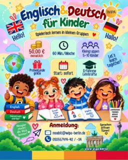 🌍✨ Hello, Hallo & los geht’s!
Sprachenlernen darf Spaß machen – besonders für Kinder und Jugendliche! 💛📚 Bei unseren Deutsch- und Englischkursen für Kinder in Berlin lernen die Teilnehmenden spielerisch, kreativ und gemeinsam in kleinen Gruppen.
Ob Deutsch lernen, Englisch lernen, Wortschatz erweitern, sicherer sprechen oder einfach Freude an einer neuen Sprache entwickeln: Unsere erfahrenen Lehrkräfte begleiten die Kinder Schritt für Schritt und sorgen für eine entspannte Lernatmosphäre. 🎨🗣️🌟
💬 Deutsch & Englisch für Kinder und Jugendliche
⏰ 60 Minuten pro Woche
👧🧒 Kleine Gruppen mit 5–10 Kindern
🎁 Erste Probestunde kostenlos
💶 50,00 € monatlich
🚀 Einstieg ab sofort möglich
👩🏫 Erfahrene Lehrkräfte
📍 WIPA Berlin-Moabit
Neugierig geworden? Dann meldet euch bei uns und lernt uns bei einer kostenlosen Probestunde kennen! 💌
📧 moabit@wipa-berlin.de
📞 030 557414-42 / -34
🌐 www.wipa.berlin
Sprachen öffnen Türen – und gemeinsam macht Lernen noch mehr Spaß! 💙❤️💛
#DeutschFürKinder #EnglischFürKinder #DeutschkurseFürKinder #EnglischkurseFürKinder #SprachkursKinder
