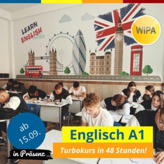 🎯 Turbokurs 🇬🇧 Englisch A1 – Intensivkurs in Berlin 🎯
Du willst Englisch schnell und effektiv lernen? Starte mit uns durch! 🚀 Vom 15.09. bis 03.12.2025 lernst du Englisch auf A1-Niveau – kompakt und persönlich!

📅 Wann? 15.09. - 03.12.2025
Montag und Mittwoch, 18:00–19:30 Uhr
🏫 Wo? WIPA 
Möllendorffstr. 48 
10367 Berlin (Lichtenberg)
👩‍🏫 Mit wem? 
Mit muttersprachlichen, erfahrenen Lehrer*innen
💸 Preis? 
Nur 299 € (inkl. MwSt.) für 48 Unterrichtseinheiten

✅ Kleingruppen-Unterricht
✅ Direkt buchbar in unserem Onlineshop 
✅ Perfekt für den Feierabend

📩 Nach der Buchung erhältst du alle Infos zum Lehrwerk und Kursstart.

👉 Jetzt Platz sichern und mit unserem Turbokurs Englisch lernen!
#Englischlernen #Abendkurs #Intensivkurs #EnglischA1 #Englischkurs #BerlinLichtenberg #LerneEnglisch #EnglischfürAnfänger #EnglischinBerlin