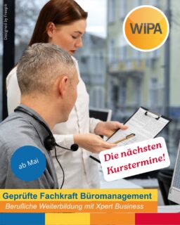 🚀 Starte jetzt deine Zukunft im Büromanagement!
Mit der modularen Weiterbildung zur Geprüften Fachkraft Büromanagement (Xpert Business) bei WIPA Berlin 💼✨

🚀 Deine Chance auf Berufseinstieg, Quereinstieg oder berufliche Neuorientierung!

Mit der praxisnahen Weiterbildung und Umschulung im Bereich Büromanagement bei WIPA Berlin eröffnest du dir neue Karriere- und Jobperspektiven in kaufmännischen Berufen. Du möchtest dich beruflich neu orientieren, einen Quereinstieg schaffen oder deine Kenntnisse im Office Management erweitern? Dann ist diese kaufmännische Weiterbildung genau das Richtige für dich!

In unserer Weiterbildung in Berlin lernst du alles rund um Büroorganisation, Sekretariat, Finanzbuchhaltung, Marketing, Vertrieb und Personalwesen. Außerdem arbeitest du intensiv mit Microsoft Office, Word, Excel, PowerPoint und Outlook und sammelst praktische Erfahrungen in unserer Übungsfirma. So bereitest du dich optimal auf den Arbeitsalltag in Unternehmen und moderne kaufmännische Berufe vor.

Der bundesweit anerkannte Xpert Business Abschluss unterstützt deinen erfolgreichen Einstieg.

📅 Nächster Starttermin:
• 18.05.2026 – 16.11.2026

⏰ Unterrichtszeiten:
Montag bis Freitag
08:15 – 15:15 Uhr

📚 Dauer:
✔ Fachkraft Büromanagement: 6 Monate
✔ FiBu-Aufbautraining: 3 Monate

💶 Kosten:
Die Förderung ist mit Bildungsgutschein vom Jobcenter oder der Agentur für Arbeit möglich.

🏆 Abschluss:
✔ Xpert Business Zertifikat „Geprüfte Fachkraft Büromanagement“
✔ Trägerzertifikat

Die Weiterbildung eignet sich ideal für Berufseinsteigerinnen und Berufseinsteiger, Menschen in der beruflichen Neuorientierung oder alle, die ihre Karrierechancen verbessern möchten. 

📚 Voraussetzungen:
✔ Grundlegende PC-Kenntnisse
✔ Deutschkenntnisse ab B2
✔ Motivation, Neugier und Freude am Lernen

Kontaktieren Sie uns gerne in Lichtenberg:
📍 WIPA GmbH
Möllendorffstraße 48, 10367 Berlin
2. Etage, Raum 201

☎ Telefon: 030 557414 24
📧 E-Mail: amdl@wipa-berlin.de

Weiterbildung in Berlin – praxisnah lernen, Zukunft sichern und beruflich durchstarten mit WIPA Berlin!

#Büromanagement #Büroorganisation #OfficeManagement #Weiterbildung #KaufmännischeWeiterbildung