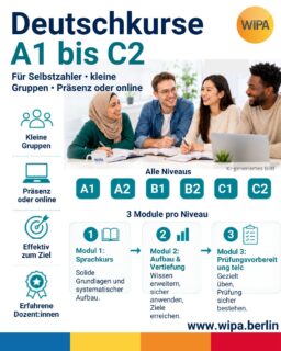🎓 Deutsch lernen von A1 bis C2 – flexibel in 3 Modulen

Du möchtest Deutsch für Alltag, Beruf oder Studium lernen und Schritt für Schritt das nächste Sprachniveau erreichen? Unsere Deutschkurse für Selbstzahler gibt es von A1 bis C2 – in kleinen Gruppen, in Präsenz oder online.

📚 3 Module pro Niveaustufe:

Modul 1: Sprachliche Grundlagen aufbauen und festigen
Modul 2: Deutschkenntnisse erweitern und sicher anwenden
Modul 3: Gezielte Vorbereitung auf die entsprechende telc-Prüfung

💡 Besonders attraktiv: Buche das Komplettpaket mit allen 3 Modulen und profitiere von einem Preisvorteil. So erhältst du den vollständigen Sprachkurs inklusive gezielter telc-Prüfungsvorbereitung in einem Paket.

✅ Deutschkurse A1, A2, B1, B2, C1 und C2
✅ Kleine Gruppen und persönliche Betreuung
✅ Präsenzunterricht oder Live-Onlinekurs
✅ Erfahrene Dozent*innen
✅ Grammatik, Wortschatz, Lesen, Hören, Schreiben und Sprechen
✅ Gezielte telc-Prüfungsvorbereitung in Modul 3
✅ Komplettpaket mit allen 3 Modulen zum Vorteilspreis
✅ telc-Prüfung in unserem zertifizierten Prüfungszentrum möglich

👉 Jetzt das passende Modul oder das Komplettpaket buchen und mit Deutsch durchstarten!

🌐 www.wipa.berlin

#DeutschLernen #Deutschkurs #DeutschkursBerlin #OnlineDeutschkurs #DeutschFürSelbstzahler