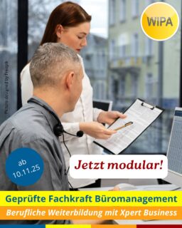 Geprüfte Fachkraft Büromanagement – jetzt modular!
Mehr Büro-Jobs = mehr Chancen. Mit klaren Strukturen, Fachkompetenz & Kommunikationsstärke startest du durch.
Xpert Business ist das bundesweit standardisierte System für BWL – praxisnah bei WIPA: Lernen & direkt anwenden (Übungsfirma).
Deine Ziele – unsere Inhalte:
• Einstieg/Auffrischung | Spezialisierung Büromanagement (Fibu, Einkauf/Verkauf, Sekretariat)
• Microsoft Office (Word, Excel, PowerPoint, Outlook)
• Rechnungswesen, Kostenrechnung, Wirtschafts- & Vertragsrecht
• Warenwirtschaft, Personal, Marketing/Vertrieb, Büroorganisation
• Software-Praxis: Lexware professional
✅ Voraussetzungen:
Keine fachspezifischen Vorkenntnisse, PC-Grundlagen, Deutsch B2 – und Motivation.
📣 Xpert Business Prüfungen bei WIPA Berlin
📅 November-Termine:
🗂️ Büroorganisation → 03.11.2025, 10:00 Uhr
⌨️ Computerschreiben (Erwachsene) → 03.11.2025, 08:30 Uhr
📊 Wirtschaftswissen → 04.11.2025, 08:30 Uhr
💼 Finanzbuchhaltung 1 → 05.11.2025, 08:30 Uhr
📅 Flexibel buchbar:
💼 Finanzbuchhaltung 2
💼 Finanzbuchhaltung 3
💰 Finanzwirtschaft
📈 Kosten- & Leistungsrechnung
📍 WIPA GmbH, Möllendorffstraße 48, 2. OG, Raum 201 (Lichtenberg)
📞 030 557414 24 | ✉️ amdl@wipa-berlin.de
👉 Jetzt informieren & anmelden – sichere dir deinen Platz!
#WIPABerlin #XpertBusiness #Büromanagement #kaufmännischeWeiterbildung #Finanzbuchhaltung #BerlinJobs #Lichtenberg #Karriereboost #DeutschfürBeruf #DeutschundBeruf #DeutschLernen #Germanforyourjob