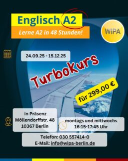 Englisch A2 in nur 48 Stunden? 😎 Yes, you can!
Let’s gooo 🚀"
✨ Level up your English in record time! ✨
🚀 Englisch Intensivkurs A2 für Erwachsene bei WIPA Berlin
📍 Möllendorffstr. 48, 10367 Berlin
🕒 montags & mittwochs | 16:15 – 17:45 Uhr
⏱️ A2 erreichen in nur 48 Stunden
👉 Starte jetzt – fürs Verreisen & Alltag! 💬🌍
#Englischlernen #Berlin #WIPABerlin #Englischkurs #Intensivkurs #Sprachschule #learnenglishinberlin #englishforadults #EnglischIntensivkurs #LerneEnglischInBerlin