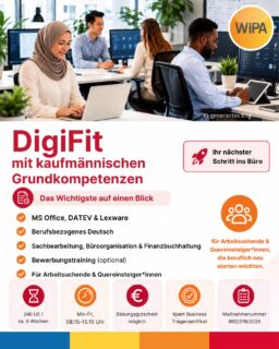 Du möchtest im Büro, in der Verwaltung oder im kaufmännischen Bereich durchstarten? 📋💻
Dann ist DigiFit mit kaufmännischen Grundkompetenzen dein perfekter Einstieg!
In nur 6 Wochen lernst du praxisnah die Grundlagen für moderne Büroberufe:
✅ Büroorganisation
✅ kaufmännische Sachbearbeitung
✅ digitale Büroarbeit
✅ berufsspezifisches Deutsch für Büro & Verwaltung
✅ kaufmännisches Grundwissen wie Prozentrechnung, Dreisatz und Handelskalkulation
Du übst außerdem wichtige Formulierungen und Abläufe für den Berufsalltag – von E-Mails und Geschäftsbriefen bis zu Anfragen, Angeboten, Bestellungen, Rechnungen und Reklamationen.
Der Kurs bereitet dich Schritt für Schritt auf Weiterbildungen, Ausbildungen, Praktika, Bewerbungen und den Einstieg in kaufmännische Berufe vor.
👉 Ideal für Arbeitsuchende, Quereinsteiger*innen und alle, die beruflich neu starten möchten.
Jetzt den ersten Schritt in deine berufliche Zukunft machen!
📍 WIPA GmbH, Lichtenberg
Möllendorffstraße 48,
10367 Berlin
2. Etage, Raum 201
📞 030 557414 24
📧 amdl@wipa-berlin.de
#ITfürBüros #Verwaltung #KaufmännischeBerufe #BeruflicheWeiterbildung #BerufsspezifischesDeutsch