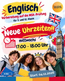 🇬🇧 Englisch für die 9. und 10. Klasse in Berlin – jetzt mit neuen Uhrzeiten! 📚✨
Du bist in der 9. oder 10. Klasse und möchtest dein Englisch verbessern, sicherer sprechen und dich in der Schule wohler fühlen? Dann komm zu unserem Englischkurs für Schülerinnen und Schüler in Berlin-Lichtenberg!
🆕 Neue Uhrzeit:
📅 mittwochs
⏰ 17:00–18:00 Uhr
📍 WIPA GmbH, Möllendorffstraße 48, 10367 Berlin-Lichtenberg
🚀 Start: ab 04.11.2026
Im Kurs trainieren wir genau die Englischkenntnisse, die du in der 9. und 10. Klasse brauchst:
🗣️ Sprechen und Kommunikation
🎧 Hörverstehen
📖 Leseverstehen
✍️ Schreiben
🔤 Grammatik
🎭 Situationstraining
➕ und genau die Themen, bei denen du Unterstützung brauchst
Du möchtest dich außerdem auf deinen Mittleren Schulabschluss vorbereiten? Auch das ist möglich! Im Englischkurs kannst du gezielt für die MSA-Prüfung in Englisch trainieren, typische Prüfungssituationen üben und mehr Sicherheit gewinnen – damit Prüfungsstress und Prüfungsangst gar nicht erst die Oberhand bekommen. 💪
Unser Ziel: Englisch lernen mit mehr Sicherheit, weniger Stress und vor allem mit Spaß! 🇬🇧
📩 Jetzt informieren und anmelden:
kiku@wipa-berlin.de
📞 030 557414-16 / -15
👉 Sichere dir deinen Platz im Englischkurs für die 9. und 10. Klasse in Berlin!
#EnglischkursBerlin #Englisch9Klasse #Englisch10Klasse #MSAPrüfung #MSAEnglisch