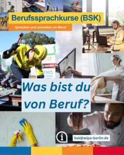 Was bist du von Beruf? 👷♂️👩💼👩⚕️🍽️
Egal, ob du im Büro, im Handwerk, in der Pflege, in der Gastronomie arbeitest oder gerade einen neuen Job suchst:
Bei WIPA lernst du Deutsch, das du im Berufsalltag wirklich brauchst.
✅ Gespräche mit Kolleg*innen führen
✅ E-Mails schreiben
✅ Telefonate sicher meistern
✅ Formulare und Dokumente verstehen
✅ deine Berufschancen verbessern
Unsere Berufssprachkurse (BSK) helfen dir, sicherer zu kommunizieren und erfolgreicher zu arbeiten.
💡 Die Teilnahme ist mit einer Berechtigung vom Jobcenter oder von der Agentur für Arbeit möglich.
📍 Lichtenberg: Möllendorffstr. 48, 10367 Berlin
📍 Moabit: Stromstr. 47, 10551 Berlin
📧 bsk@wipa-berlin.de
📞 030 557414-18 / 030 557414-42
Deutsch für den Beruf. Für deinen nächsten Schritt. 🚀
#Berufssprachkurs #BSK #DeutschFürDenBeruf #DeutschImBeruf