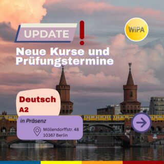 🌞 Sommer, Sonne und Deutschlernen direkt... in Berlin! 🇩🇪
Nutze den Sommer für deinen A2-Kurs bei uns in Berlin. 
Neue Wörter, nette Leute, Spaß und Fortschritt mit WIPA!
60 Jahre Erfahrung im Bereich Sprachunterricht kombiniert sich mit dem Flair Berlins.
Der Kurs findet in Präsenz statt, nicht weit entfernt von den coolsten Bezirken der Hauptstadt: Kreuzberg, Neukölln und Friedrichshain. 😎 
Nach dem Deutschunterricht erlebe den Großstadtzauber! 🌈✨
Buch deinen Kurs direkt in unserem Online-Shop und profitiere von unserem Angebotspreis für das komplette Niveau A2! 📚

#studygermaninberlin #germancoursesinberlin #deutscha2 #DeutschA2 #deutschlerneninberlin #deutschkursinberlin #A2kurs #a2kurs #deutschlernen #deutschlernen📚 #deutschlernen