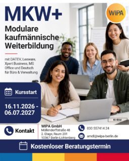📚💻 MKW+ Modulare kaufmännische Weiterbildung in Berlin – mit DATEV, Lexware, Xpert Business, MS Office und Deutsch für Büro & Verwaltung
Die Weiterbildung verbindet kaufmännisches Fachwissen mit praktischen Aufgaben aus dem Berufsalltag:
💻 Microsoft Office: Word, Excel, PowerPoint und Outlook
📊 Finanzbuchhaltung und kaufmännisches Rechnungswesen
💶 Lohn und Gehalt
🧾 Arbeiten mit DATEV und Lexware Professional
📦 Warenwirtschaft sowie Ein- und Verkauf
📁 Büroorganisation und schriftliche Korrespondenz
👥 Personalwesen und Sekretariat
📈 Marketing und Vertrieb
🤖 KI für Büro und Verwaltung
🗣️ Berufsspezifisches Deutsch für Büro und Verwaltung
📄 Bewerbungstraining für kaufmännische Berufe
Ein besonderer Schwerpunkt ist das Praxistraining in unserer Übungsfirma (ÜFA). Hier kannst du typische Arbeitsabläufe eines Unternehmens kennenlernen und deine Kenntnisse direkt anwenden.
Die Weiterbildung eignet sich für Arbeitssuchende, Quereinsteiger*innen, Menschen ohne abgeschlossene Berufsausbildung und alle, die beruflich neu in den kaufmännischen Bereich einsteigen möchten.
📅 16.11.2026 – 06.07.2027
⏰ Montag bis Freitag | 08:15–15:15 Uhr 📚 Präsenzunterricht in Vollzeit
⏳ Dauer: ca. 7,5 Monate
💶 Förderung mit Bildungsgutschein möglich – über das Jobcenter oder die Agentur für Arbeit. Selbstzahler auf Anfrage.
📍 WIPA GmbH
Möllendorffstraße 48
10367 Berlin
📞 030 557414 24
📧 amdl@wipa-berlin.de
🎓 Abschluss: Trägerzertifikat und Xpert Business Zertifikat „Geprüfte Fachkraft für Büromanagement“, wenn die entsprechende Xpert Business Prüfung bestanden wird.
👉 Jetzt informieren, kostenlosen Beratungstermin vereinbaren und mit deiner kaufmännischen Weiterbildung in Berlin starten!
#KaufmännischeWeiterbildung #WeiterbildungBerlin #WeiterbildungMitBildungsgutschein #Jobcenter #AgenturFürArbeit #Büromanagement #Büroberufe #KaufmännischeBerufe