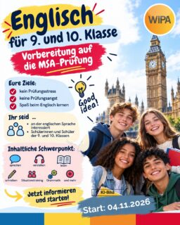 📚 Englisch für die 9. und 10. Klasse – Vorbereitung auf die MSA-Prüfung in Berlin-Lichtenberg
Du bist in der 9. oder 10. Klasse und möchtest dein Englisch verbessern, sicherer sprechen, besser verstehen und gezielt an Grammatik, Lesen und Schreiben arbeiten? Dann ist dieser Englischkurs für Schülerinnen und Schüler der 9. und 10. Klassen genau richtig für dich.
🎯 Im Kurs trainierst du:
• Sprechen und Kommunikation
• Hörverstehen
• Leseverstehen
• Schreiben
• Grammatik
• Situationstraining
• genau die Themen, bei denen du Unterstützung brauchst
✨ Zusätzlich kannst du dich im Kurs gezielt auf die MSA-Prüfung in Englisch vorbereiten. So kannst du typische Prüfungssituationen üben, mehr Sicherheit gewinnen und Prüfungsstress reduzieren.
📍 WIPA GmbH
Möllendorffstraße 48,
10367 Berlin
📞 030 557414-15 / -16
📧 kiku@wipa-berlin.de
👉 Jetzt informieren und mit dem Englischkurs für die 9. und 10. Klasse starten!
#Englischkurs #EnglischkursBerlin #Englisch9Klasse #Englisch10Klasse #EnglischNachhilfe #SchülerBerlin #MSA #MSAPrüfung #MSAVorbereitung #MSAEnglisch #Prüfungsvorbereitung #EnglischPrüfung