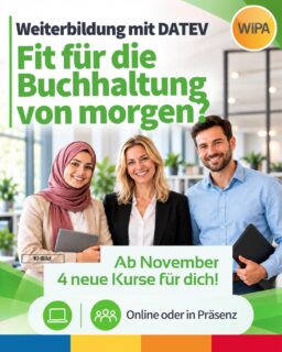 Fit für die Buchhaltung von morgen? Lerne DATEV bei WIPA Berlin! 🚀
Du möchtest in die Finanzbuchhaltung einsteigen, deine Kenntnisse im Rechnungswesen vertiefen oder dich auf eine Xpert Business-Prüfung vorbereiten? Unsere 4 DATEV-Weiterbildungen verbinden kaufmännisches Fachwissen mit praxisnahen Übungen – online oder in Präsenz.
🟢 1. DATEV Einführung | 10 UE · Präsenz
📅 09.11.–13.11.2026 | 500 €
Programmaufbau kennenlernen, Stammdaten bearbeiten und erste Buchungen durchführen.
🔵 2. Buchhaltung mit DATEV | 40 UE · Online
📅 16.11.–27.11.2026 | 1.500 €
Laufende Buchhaltung mit DATEV systematisch lernen und sicher anwenden.
🟢 3. Praxistraining – Finanzbuchhaltung mit DATEV | 68 UE · Präsenz
📅 30.11.–21.12.2026 | 2.000 €
Buchungsfälle praxisnah bearbeiten und DATEV-Kenntnisse vertiefen.
🔵 4. Finanzbuchführung 3 mit DATEV (Xpert Business) | 40 UE · Online
📅 04.01.–14.01.2027 | 1.500 €
Gezielte Prüfungsvorbereitung mit prüfungsrelevanten Aufgaben.
💶 Alle Preise inkl. 19 % USt.
⏰ Kurszeiten: Mo–Fr, 08:15–11:30 Uhr oder 12:00–15:15 Uhr
📍 Präsenzkurse: WIPA Berlin, Möllendorffstraße 48, 10367 Berlin, 2. Etage
✨ Deine Vorteile:
✅ Praxisnahe Weiterbildung
✅ Erfahrene Lehrkräfte
✅ Berufliche Perspektiven in Buchhaltung und Rechnungswesen
📩 Anmeldung ab sofort möglich!
📞 030 557414-24
✉️ amdl@wipa-berlin.de
👉 Swipe durch das Karussell und finde deinen DATEV-Kurs!
#DATEV #DATEVWeiterbildung #Finanzbuchhaltung #BuchhaltungLernen #XpertBusiness