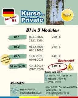 ✨ Deutsch B1 in 3 Modulen – Dein Komplettpaket zum Erfolg! ✨
Starte jetzt deinen Weg zu sicherem Deutsch im Alltag, im Job und für dein Studium! 💪🇩🇪
Mit unserem Komplettpaket erhältst du B1.1 + B1.2 + B1.3 inkl. Prüfungsvorbereitung in einem durchgängigen Lernkurs – praxisnah, strukturiert und effektiv. Und das Beste: Die telc B1 Prüfung kannst du direkt nach dem Kurs bei uns im WIPA-Prüfungszentrum buchen! 🎯
Ob online oder vor Ort in Berlin – du entscheidest, wie du lernst. Dieser B1-Kurs wird in unserem Standort Lichtenberg stattfinden. 
Bequeme Lage auch für die Berliner Bezirke in der Nähe: Friedrichshain, Kreuzberg, Pankow, Marzahn, Hellersdorf, Treptow, Neukölln.
Und dank Paketbuchung profitierst du von einem klaren Vorteilspreis! 🔥
Bereit, dein Deutsch aufs nächste Level zu bringen?
👉 Jetzt informieren, Platz sichern & durchstarten!
#Deutschlernen #GermanCourse #B1 #telcB1 #SprachschuleBerlin #Berlin #GermanForLife #GermanB1 #LearnGermanInBerlin #GermanCourseInBerlin