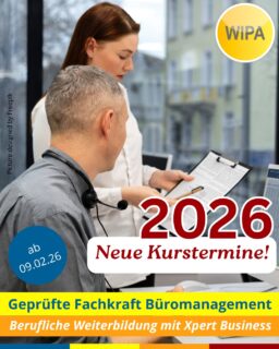 ✨ Starte deine Karriere im Büromanagement – jetzt modular & praxisnah! ✨
Du willst dein Büro professionell managen, liebst Struktur, Zahlen, Kundenkontakt und Marketing? Dann ist die Weiterbildung „Geprüfte Fachkraft Büromanagement (Xpert Business)“ bei WIPA Berlin genau dein nächster Schritt! 🚀

📚 Warum dieser Kurs?
• Bundesweit anerkanntes Xpert-Business-Zertifikat
• Praxistraining in unserer Übungsfirma (Finanzen, Personal, Marketing, Sekretariat)
• Spezialisierung in Finanzbuchhaltung, Büroorganisation & Unternehmensführung
• Top-Vorbereitung für Berufseinstieg oder beruflichen Aufstieg
• 100 % förderbar mit Bildungsgutschein (Jobcenter/Agentur für Arbeit)

📆 Kurstermine 2026:
• 09.02.2026 – 20.07.2026
• 18.05.2026 – 16.11.2026
• 31.08.2026 – 26.02.2027
• 17.11.2026 – 05.05.2027

⏰ Unterrichtszeiten:
Montag–Freitag, 08:15–15:15 Uhr
Dauer: 6 Monate (Fachkraft)

🖥️ Du lernst u. a.:
Microsoft Office (Word, Excel, PowerPoint, Outlook), Finanzbuchhaltung, Marketing/Vertrieb, Personalwesen, Warenwirtschaft, Unternehmensorganisation u. v. m.

💡 Keine Vorkenntnisse nötig – nur Motivation & Deutsch B2.

📍 WIPA Berlin – Lichtenberg
Jetzt informieren & Starttermin sichern!
📞 030 557414 24
📧 amdl@wipa-berlin.de

#Büromanagement #XpertBusiness #WeiterbildungBerlin #WIPABerlin #Finanzbuchhaltung #OfficeManagement #Bildungsgutschein #Weiterbildung2026 #KarriereStart #UmschulungBerlin #BeruflicheWeiterbildung #BerlinJobs