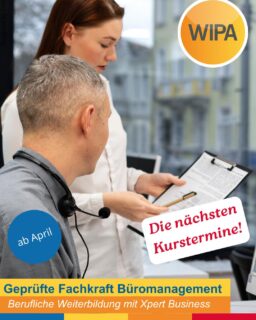 🚀 Starte deine Karriere im Büromanagement!

Du willst im Büro durchstarten, dich beruflich neu orientieren oder deine Kenntnisse erweitern? Dann ist unsere Weiterbildung zur Geprüften Fachkraft Büromanagement genau das Richtige für dich!

✅ Praxisnahes Training in unserer Übungsfirma (ÜFA)
✅ Anerkannte Zertifikate mit Xpert Business
✅ Perfekte Vorbereitung auf den Arbeitsmarkt
✅ Förderung über Bildungsgutschein möglich

📅 Neue Kurstermine ab April 2026
📍 Berlin – WIPA GmbH

💼 Ob Organisation, Kommunikation oder Zahlen – hier entwickelst du genau die Skills, die Unternehmen suchen!

👉 Jetzt informieren & Platz sichern!
📞 030 55741424
📧 amdl@wipa-berlin.de

✨ Bist du bereit für deinen nächsten Karriereschritt? Melde dich jetzt bei uns an!

#weiterbildung #büromanagement #berlin #karriere #bildungsgutschein #jobcenter #agenturfürarbeit #weiterbildungberlin #officejobs #karrierestart #wipaberlin