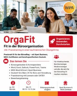 📂 OrgaFit – Fit in der Büroorganisation
Sie möchten beruflich im Büro, in der Verwaltung oder kaufmännischen Sachbearbeitung durchstarten? Mit OrgaFit erwerben Sie genau die Kompetenzen, die im modernen Büroalltag gefragt sind – praxisnah und mit anerkannten Zertifikaten.
✅ Büroorganisation & kaufmännische Abläufe
✅ Geschäftskorrespondenz & DIN 5008
✅ Microsoft 365: Word, Excel, Outlook, PowerPoint & Teams
✅ MOS Word & MOS Excel Associate
✅ Xpert Business-Prüfungen
✅ Lexware & DATEV in der Praxis
✅ KI für Büro und Verwaltung
✅ Berufsspezifisches Deutsch
✅ Rechtliche Grundlagen im kaufmännischen Bereich
✅ Bewerbungstraining & Vorstellungsgespräche
💼 Ein besonderer Vorteil: das Praxistraining in unserer kaufmännischen Übungsfirma. Hier bearbeiten Sie realitätsnahe Aufgaben aus Büroorganisation und Sachbearbeitung und sammeln praktische Erfahrung mit Unternehmenssoftware wie Lexware und DATEV.
Ob Berufseinstieg, Wiedereinstieg oder berufliche Neuorientierung: OrgaFit verbindet eine praxisnahe kaufmännische Weiterbildung in Berlin mit digitalen Kompetenzen, professioneller Kommunikation und wichtigen Qualifikationen für Büro und Verwaltung.
📌 Voraussetzungen: grundlegende PC-Kenntnisse und Deutschkenntnisse auf Niveau B2 bevorzugt. Fachspezifische Vorkenntnisse sind nicht erforderlich.
📍 WIPA Berlin
Möllendorffstraße 48,
10367 Berlin
📞 030 557414 24
✉️ amdl@wipa-berlin.de
👉 Jetzt informieren, Beratungstermin vereinbaren und mit OrgaFit den nächsten beruflichen Schritt machen!
#Büroorganisation #KaufmännischeWeiterbildung #WeiterbildungBerlin #BüroWeiterbildung #Microsoft365 #MSOffice #Word #Excel #Outlook #PowerPoint #MicrosoftTeams #MOS #XpertBusiness #DIN5008 #DATEV #Lexware #KünstlicheIntelligenz #BüroUndVerwaltung #Sachbearbeitung #Übungsfirma #Bewerbungstraining #BeruflicheWeiterbildung