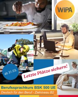 🚀 Starte deine Zukunft mit berufsbezogenem Deutsch (B2)!

Du willst im Job sicher kommunizieren, bessere Chancen auf dem Arbeitsmarkt haben und dich sprachlich weiterentwickeln? Dann ist unser Berufssprachkurs (500 UE) genau das Richtige für dich!

💼 Das erwartet dich im Kurs:
✔️ Vokabular & Redewendungen für den Berufsalltag
✔️ Grammatik & professionelle Schriftsprache
✔️ Praxisnaher Wortschatz für echte Arbeitssituationen
✔️ Intensive Prüfungsvorbereitung

🎯 Extra für dich:
📚 Kostenlose Lehrbücher
🚋 Unterstützung bei Fahrtkosten (ab 3 km Fußweg)
🤝 Sozialpädagogische Betreuung

✨ Brückenelement (100 UE) + Berufsspezifisches Deutsch (400 UE)
Perfekt für dich, wenn du von B1 auf B2 willst:
🔹 Wiederholung & Vertiefung deiner Kenntnisse
🔹 Fokus auf Hören, Lesen, Schreiben & Sprechen
🔹 Einstieg in wichtige Themen der Arbeitswelt

👥 Teilnahme möglich, wenn du:
✔️ einen Integrationskurs abgeschlossen hast (mind. A1/A2)
✔️ arbeitssuchend bist oder Leistungen erhältst
✔️ eine Berechtigung vom Jobcenter / Agentur für Arbeit hast

📍 Jetzt anmelden & direkt starten!
WIPA Berlin - Standort Lichtenberg
📌 Möllendorffstraße 48, 10367, Berlin

📞 030 557414 0
📧 bsk@wipa-berlin.de

👉 Kontaktiere uns und sichere dir deinen Platz!

#Deutschlernen #Berufssprachkurs #B2Deutsch #Berlin #WIPA #DeutschFürDenBeruf #Integration #KarriereStart