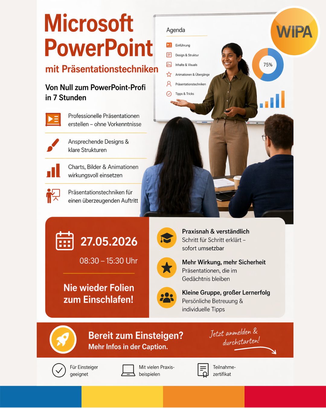 🚀 Von Null zum PowerPoint-Profi in nur 7 Stunden!

👉 Du möchtest PowerPoint sicher beherrschen und suchst ein praxisnahes PowerPointtraining bzw. einen intensiven PowerPointkurs? Unsere PowerPoint Schulung mit Präsentationstechniken** bringt dich auf das nächste Level:

---

🔹 Das lernst du im Training:
• Professionelle PowerPoint Präsentationen erstellen
• Struktur, Design, Layout & modernes Visual Design anwenden
• Inhalte mit Storytelling & klarer Kommunikation aufbauen
• Effektive Content Creation für Präsentationen
• Datenvisualisierung, Charts & Animationen gezielt einsetzen
• Überzeugend präsentieren & deine Präsentationstechniken verbessern
• Ausbau deiner Soft Skills & Business Skills für Job & Karriere

---

🔹 Für wen ist die Weiterbildung geeignet?
• Einsteiger & Fortgeschrittene
• Berufstätige, Studierende & Selbstständige
• Alle, die ihre Karriere voranbringen wollen
• Nutzer von Microsoft Office & Office 365
• Interessierte an Fortbildung, Marketing & Business-Präsentationen

---

🔹 Deine Vorteile:
• Praxisnahes PowerPointtraining
• Sofort umsetzbares Wissen
• Mehr Sicherheit beim Präsentieren
• Professioneller Auftritt im Job, im Coaching oder als Unternehmer

---

📅 27.05.2026 | 08:30 – 15:30 Uhr
📍 Möllendorffstraße 48, 10367 Berlin

🔥 Nie wieder langweilige Präsentationen!

👉 Jetzt Platz sichern und durchstarten! Link in Bio 🔗