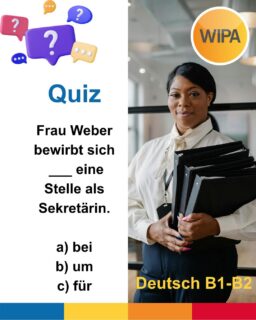 B1/B2-Quiz für Berufssprachkurse 👩‍💼

Frau Weber bewirbt sich ___ eine Stelle als Sekretärin.

a) bei
b) um
c) für

Was meinst du? Schreib deine Antwort in die Kommentare ⬇️

💡 Tipp: Das Verb „sich bewerben“ wird oft mit einer festen Präposition verwendet – besonders wichtig für Bewerbungen und Vorstellungsgespräche!

📲 Und teil den Post mit deinen Freund*innen, die Deutsch lernen oder gerade eine Bewerbung schreiben!

#deutschlernen #berufssprachkurs #deutschb2 #verbenmitpräpositionen #deutschfürdenberuf #grammatik #deutschunterricht #sprachschule #germanonline #germanonlinequiz
