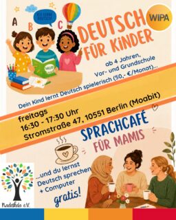 🌈 Dein Kind lernt Deutsch – und du lernst gleich mit! ☕💻

Jeden Freitag in Moabit erwartet euch ein besonderes Angebot für die ganze Familie:

👧 Dein Kind besucht unseren Deutschkurs für Kinder und entdeckt die deutsche Sprache spielerisch – mit Spaß, Bewegung und altersgerechten Aktivitäten.

💶 Nur 50 € pro Monat
🎁 Die erste Probestunde ist kostenlos!

Während dein Kind lernt, musst du nicht warten:

☕ Im kostenlosen Sprachcafé kannst du andere Mütter kennenlernen, neue Kontakte knüpfen und dein Deutsch in entspannter Atmosphäre üben.

💻 Außerdem hast du die Möglichkeit, den Umgang mit dem Computer zu lernen.

Heute machen wir fast alles mit dem Smartphone. Doch für Bewerbungen, E-Mails, Online-Formulare oder viele Berufe im Büro braucht man mehr:

⌨️ sicher mit der Tastatur schreiben
📄 Dokumente in Word erstellen
📧 E-Mails schreiben und verwalten
🖥️ wichtige Computerprogramme kennenlernen

Computerkenntnisse gehören heute zu den wichtigsten Kompetenzen im Berufsleben – und auch im Alltag.

Nutze die Zeit sinnvoll, während dein Kind Deutsch lernt:
✨ Deutsch sprechen
✨ neue Mütter kennenlernen
✨ digitale Kompetenzen erwerben
✨ Selbstvertrauen gewinnen
✨ etwas lernen, das dir wirklich weiterhilft

📍 WIPA Berlin
Stromstraße 47
10551 Berlin (Moabit)

📞 Frau Sevda Celik
030 557414 42

oder

📞 Frau Oksana Zinchak
030 557414 34

📧 moabit@wipa-berlin.de

Wir freuen uns auf dich und dein Kind! 💙

#deutschfürkinder #sprachschulemoabit #digitalekompetenzen #sprachcafé #deutschlernengratis