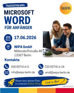 ⌨️😩 Schon wieder verrutscht der Text?

Du möchtest eine Bewerbung schreiben, einen Brief erstellen oder einfach ein Dokument ordentlich gestalten – doch plötzlich stimmt nichts mehr. Die Schriftgrößen sind unterschiedlich, die Abstände springen hin und her, Aufzählungen sehen chaotisch aus und dein Dokument wirkt unprofessionell.

Kommt dir das bekannt vor?

Viele Menschen nutzen heute täglich ihr Smartphone, schreiben Nachrichten und posten in sozialen Medien. Doch wenn es um die Arbeit mit Tastatur, Computer und Microsoft Word geht, fühlen sich viele unsicher oder verlieren schnell die Geduld.

Dabei gehören genau diese Fähigkeiten zu den wichtigsten Grundlagen für Beruf, Ausbildung und Alltag.

In unserer praxisnahen Tagesschulung lernst du, wie du Word sicher und entspannt nutzt:

✅ sicher mit Tastatur und Computer arbeiten
✅ Texte sauber und übersichtlich gestalten
✅ Formatierungsfehler vermeiden
✅ Bewerbungen und Lebensläufe erstellen
✅ Tabellen und Bilder einfügen
✅ Dokumente professionell aussehen lassen

Statt ständig nach Fehlern zu suchen oder mit dem Layout zu kämpfen, lernst du Schritt für Schritt, wie du deine Dokumente kontrollierst – und nicht umgekehrt.

Denn nichts ist frustrierender, als viel Zeit in einen Text zu investieren und am Ende sieht alles unordentlich aus.

📅 17.06.2026
⏰ 08:30–15:30 Uhr
📍 WIPA GmbH
Möllendorffstraße 48
10367 Berlin (Lichtenberg)

📞 030 557414-0
📞 030 557414-24

📧 info@wipa-berlin.de
📧 amdl@wipa-berlin.de

Verabschiede dich von Formatierungschaos, verrutschten Absätzen und Unsicherheit am Computer. Starte mit den Grundlagen und gewinne mehr Sicherheit für Beruf und Alltag. 🚀

#microsoftwordskills  #wordfürdenberuf #computerskills #informatikfürdenjob