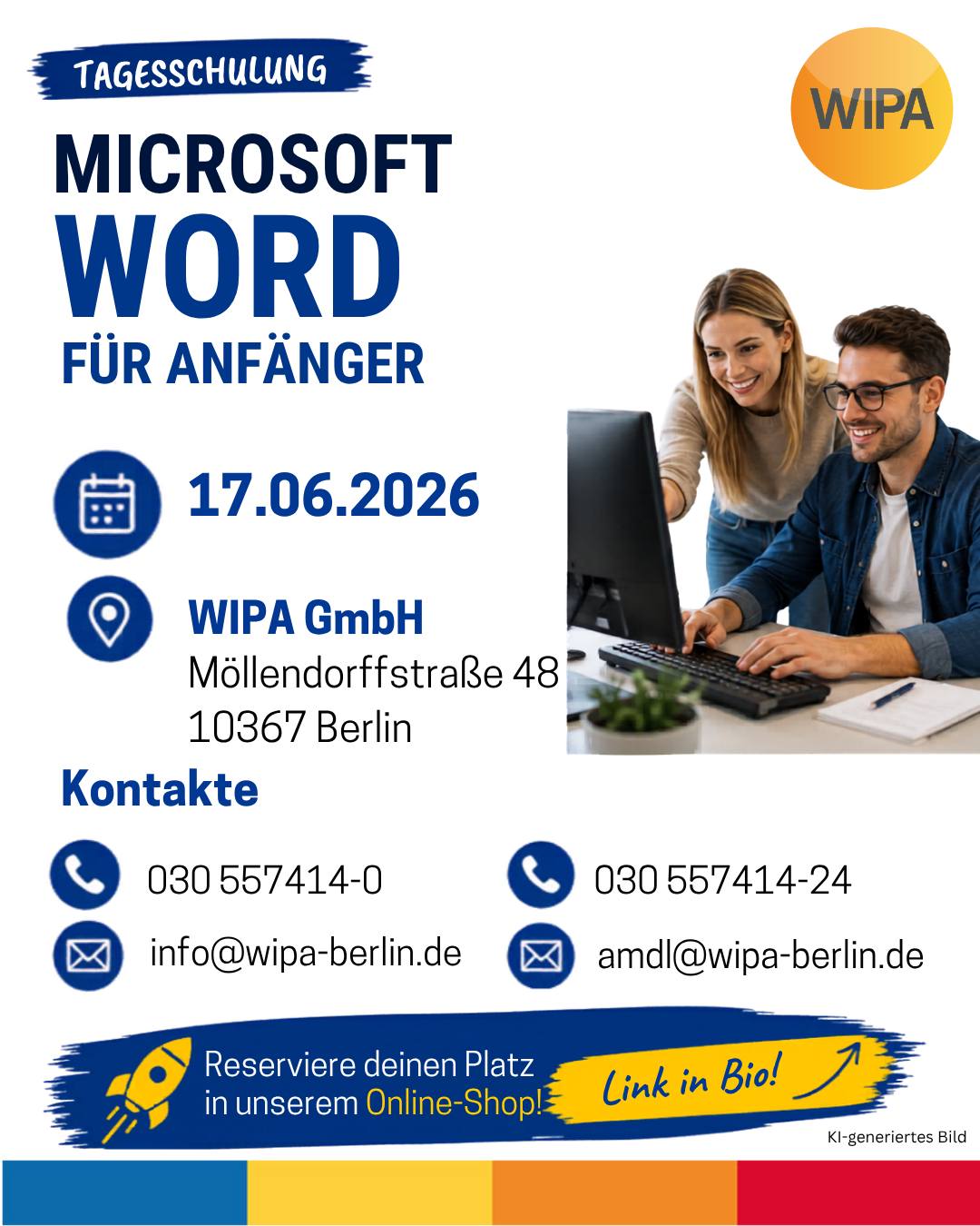 ⌨️😩 Schon wieder verrutscht der Text?

Du möchtest eine Bewerbung schreiben, einen Brief erstellen oder einfach ein Dokument ordentlich gestalten – doch plötzlich stimmt nichts mehr. Die Schriftgrößen sind unterschiedlich, die Abstände springen hin und her, Aufzählungen sehen chaotisch aus und dein Dokument wirkt unprofessionell.

Kommt dir das bekannt vor?

Viele Menschen nutzen heute täglich ihr Smartphone, schreiben Nachrichten und posten in sozialen Medien. Doch wenn es um die Arbeit mit Tastatur, Computer und Microsoft Word geht, fühlen sich viele unsicher oder verlieren schnell die Geduld.

Dabei gehören genau diese Fähigkeiten zu den wichtigsten Grundlagen für Beruf, Ausbildung und Alltag.

In unserer praxisnahen Tagesschulung lernst du, wie du Word sicher und entspannt nutzt:

✅ sicher mit Tastatur und Computer arbeiten
✅ Texte sauber und übersichtlich gestalten
✅ Formatierungsfehler vermeiden
✅ Bewerbungen und Lebensläufe erstellen
✅ Tabellen und Bilder einfügen
✅ Dokumente professionell aussehen lassen

Statt ständig nach Fehlern zu suchen oder mit dem Layout zu kämpfen, lernst du Schritt für Schritt, wie du deine Dokumente kontrollierst – und nicht umgekehrt.

Denn nichts ist frustrierender, als viel Zeit in einen Text zu investieren und am Ende sieht alles unordentlich aus.

📅 17.06.2026
⏰ 08:30–15:30 Uhr
📍 WIPA GmbH
Möllendorffstraße 48
10367 Berlin (Lichtenberg)

📞 030 557414-0
📞 030 557414-24

📧 info@wipa-berlin.de
📧 amdl@wipa-berlin.de

Verabschiede dich von Formatierungschaos, verrutschten Absätzen und Unsicherheit am Computer. Starte mit den Grundlagen und gewinne mehr Sicherheit für Beruf und Alltag. 🚀

#microsoftwordskills  #wordfürdenberuf #computerskills #informatikfürdenjob
