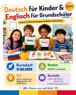📚 Deutsch- und Englischkurse für Kinder und Schüler*innen in Berlin-Lichtenberg
Ab 31.08.2026 starten unsere neuen Kinderkurse bei der WIPA GmbH. In kleinen Gruppen mit maximal 10 Teilnehmenden lernen Kinder und Jugendliche Deutsch oder Englisch altersgerecht, strukturiert und mit Freude. 💛
🇩🇪 Deutsch für Vorschulkinder sowie für Schülerinnen der 1. bis 6. Klasse
🇬🇧 Englisch für Schülerinnen der 1. bis 10. Klasse
🎓 inklusive MSA-Vorbereitung für die 9. und 10. Klassen
💶 50,00 € monatlich
🎁 Die 1. Probestunde ist kostenlos!
📍 WIPA GmbH
Möllendorffstraße 48
10367 Berlin-Lichtenberg
3. Etage, Raum 303 oder 309
📞 030 557414 15 oder 030 557414 16
📧 kiku@wipa-berlin.de
An Feiertagen und in den Berliner Schulferien findet kein Unterricht statt. Der Schulungsvertrag endet automatisch zum 30.06.2027.
✨ Jetzt informieren und Platz sichern – wir freuen uns auf dich!
#DeutschFürKinder #EnglischFürKinder #KinderkurseBerlin #SprachkursKinder #DeutschLernenBerlin #EnglischLernenBerlin