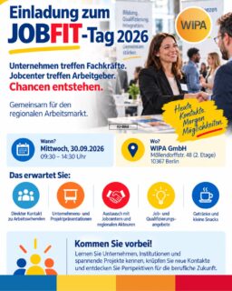 🚀 Neue Kontakte. Neue Perspektiven. Neue Chancen.
Beim JOBFIT-Tag 2026 der WIPA Berlin treffen Arbeitsuchende, Fachkräfte, Unternehmen, Jobcenter und regionale Akteure direkt aufeinander – persönlich, unkompliziert und mitten in Berlin-Lichtenberg.
Sie sind auf Jobsuche, möchten sich beruflich neu orientieren, suchen ein Praktikum, eine neue Arbeitsstelle oder passende Weiterbildungs- und Qualifizierungsangebote? Dann kommen Sie vorbei und nutzen Sie die Gelegenheit, Unternehmen und Institutionen persönlich kennenzulernen. 🤝
💼 Das erwartet Sie beim JOBFIT-Tag:
• direkter Kontakt zu Arbeitgebern und Unternehmen
• Unternehmens- und Projektpräsentationen
• Austausch mit Jobcentern und Arbeitsvermittlungen
• Informationen zu Jobs, Praktika, Weiterbildung und Qualifizierung
• neue Kontakte für Ihre berufliche Zukunft
• Networking mit regionalen Akteuren
• Getränke und kleine Snacks ☕️
📅 Mittwoch, 30.09.2026
⏰ 09:30–14:30 Uhr
📍 WIPA GmbH
Möllendorffstraße 48, 2. Etage
10367 Berlin-Lichtenberg
✨ Kommen Sie vorbei, bringen Sie Ihren Lebenslauf mit und entdecken Sie neue berufliche Möglichkeiten!
Wir freuen uns darauf, gemeinsam Menschen, Unternehmen und Chancen zusammenzubringen.
#JobmesseBerlin #KarriereBerlin #JobsBerlin #JobsucheBerlin #ArbeitgeberBerlin