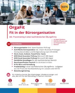 📚 Fit für den Büroalltag mit OrgaFit!

Du möchtest im Büro, in der Verwaltung oder in der kaufmännischen Sachbearbeitung arbeiten und deine Kenntnisse praxisnah erweitern? Mit OrgaFit – Fit in der Büroorganisation bereitest du dich gezielt auf den modernen Arbeitsalltag vor.

Du lernst unter anderem Büroorganisation, professionelle Geschäftskorrespondenz nach DIN 5008, Microsoft 365 mit Word, Excel, Outlook, PowerPoint und Teams, rechtliche Grundlagen sowie KI für Büro und Verwaltung. Dazu kommen berufsspezifisches Deutsch, Bewerbungstraining und praktische Aufgaben in einer kaufmännischen Übungsfirma mit Lexware oder DATEV.

🎓 Zusätzlich kannst du anerkannte Xpert Business- und MOS-Prüfungen absolvieren und deine neuen Kompetenzen mit Zertifikaten nachweisen.

📅 Nächste Kurstermine:
• 31.08.2026 – 22.02.2027
• 13.01.2027 – 05.07.2027

⏰ Mo.–Fr., 08:15–15:15 Uhr
📍 WIPA Berlin
💶 Förderung mit Bildungsgutschein möglich

Interesse geweckt? Buche jetzt deinen kostenlosen Beratungstermin und informiere dich über deine Möglichkeiten!

📞 030 557414 24
📧 amdl@wipa-berlin.de
🌐 www.wipa.berlin

#OrgaFit #WeiterbildungBerlin #Büroorganisation #Büromanagement #KaufmännischeWeiterbildung