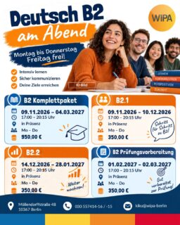 🇩🇪 Deutsch B2 am Abend in Berlin – und freitags FREI! 🎉
Du möchtest dein Deutsch auf B2-Niveau verbessern, dich auf die B2-Prüfung vorbereiten und trotzdem Zeit für Arbeit, Familie und Hobbys haben?
Dann ist unser Deutsch-B2-Abendkurs in Berlin-Lichtenberg genau das Richtige für dich! 💙🧡
📅 Montag bis Donnerstag Deutsch lernen – Freitag frei! 🙌
Bei WIPA lernst du vier Abende pro Woche in Präsenz. Und das Beste: Freitags hast du keinen Unterricht! Ein langes Wochenende zum Entspannen, Wiederholen oder für deine persönlichen Pläne.
📚 Unsere B2-Abendkurse im Überblick:
🔹 B2 Komplettpaket
📅 09.11.2026 – 04.03.2027
💶 950 €
🔹 Deutsch B2.1
📅 09.11.2026 – 10.12.2026
💶 350 €
🔹 Deutsch B2.2
📅 14.12.2026 – 28.01.2027
💶 350 €
🔹 B2 Prüfungsvorbereitung
📅 04.01.2027 – 04.02.2027
💶 350 €
⏰ Unterrichtszeiten: Mo–Do | 17:00–20:15 Uhr
📍 Kursort: Möllendorffstraße 48, 10367 Berlin-Lichtenberg
✨ Warum Deutsch B2 bei WIPA lernen?
✅ Deutschkenntnisse für Alltag, Beruf und Weiterbildung verbessern
✅ Wortschatz, Grammatik, Sprechen, Hören, Lesen und Schreiben trainieren
✅ Gezielt auf die Deutsch-B2-Prüfung vorbereiten
✅ Gemeinsam in einer Lerngruppe vor Ort lernen
✅ Freitags frei – jede Woche!
🚀 Starte jetzt deinen Deutschkurs am Abend!
🛒 Sichere dir deinen Platz direkt in unserem Onlineshop:
🌐 www.wipa.berlin
📩 kiku@wipa-berlin.de
📞 030 557414-16 / -15
💬 Mit Deutsch B2 neue Perspektiven schaffen – und das Wochenende schon am Freitag genießen!
#DeutschB2 #B2Abendkurs #DeutschB2Kurs #B2Prüfungsvorbereitung #DeutschPrüfungB2