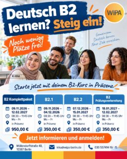🌞 Vormittags Deutsch lernen – nachmittags Zeit für dich! 🇩🇪
Du möchtest dein Deutsch auf B2-Niveau verbessern, dich auf die telc Deutsch B2 Prüfung vorbereiten und dabei Geld sparen? Dann entdecke unsere Deutsch-B2-Vormittagskurse in Berlin-Lichtenberg! 💙
✨ Warum einen Deutschkurs am Vormittag wählen?
☀️ Frisch in den Tag starten: Nutze die Morgenstunden, um konzentriert Deutsch zu lernen.
🕒 Nachmittags frei: Mehr Zeit für Familie, Beruf, Termine oder Freizeit.
🗣️ Deutsch direkt anwenden: Übe das Gelernte noch am selben Tag in deinem Alltag.
📚 Regelmäßig Fortschritte machen: Eine feste Lernroutine hilft dir, deine Deutschkenntnisse kontinuierlich zu verbessern.
🎯 Gut vorbereitet in die telc B2 Prüfung: Trainiere Lesen, Hören, Schreiben und Sprechen und gewinne Sicherheit für deine Sprachprüfung.
💰 CLEVER LERNEN UND 100 € SPAREN!
Mit unserem Deutsch-B2-Komplettpaket bekommst du alle drei Kursmodule zum Vorteilspreis!
✅ Deutsch B2.1
✅ Deutsch B2.2
✅ B2 Prüfungsvorbereitung
💶 Einzelbuchung: 1.050 €
🧡 Komplettpaket: nur 950 €
🎉 Dein Preisvorteil: 100 €!
📅 Unsere nächsten Kurstermine:
🔹 B2 Komplettpaket: 09.11.2026 – 12.02.2027 | 950 €
🔹 Deutsch B2.1: 09.11. – 04.12.2026 | 350 €
🔹 Deutsch B2.2: 07.12.2026 – 15.01.2027 | 350 €
🔹 B2 Prüfungsvorbereitung: 18.01. – 12.02.2027 | 350 €
🕣 Mo–Fr | 08:30–11:45 Uhr
📍 Präsenzunterricht: Möllendorffstraße 48, 10367 Berlin-Lichtenberg
Ob Deutsch B2 für den Beruf, das Studium oder den Alltag: Unsere Deutschkurse in Berlin helfen dir, deine Sprachkenntnisse zu verbessern und dich gezielt auf die telc B2 Prüfung vorzubereiten.
🔥 Noch wenige Plätze frei!
🛒 Jetzt online buchen und mit dem Komplettpaket 100 € sparen!
🌐 www.wipa.berlin
📧 kiku@wipa-berlin.de
📞 030 557414-16 / -15
#DeutschB2 #DeutschkursBerlin #telcB2 #Prüfungsvorbereitung #LearnGermanB2